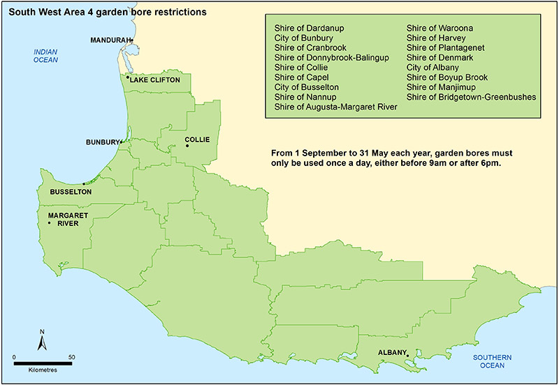 Sprinkler Roster Times for Area 4 South-Western Australia Map