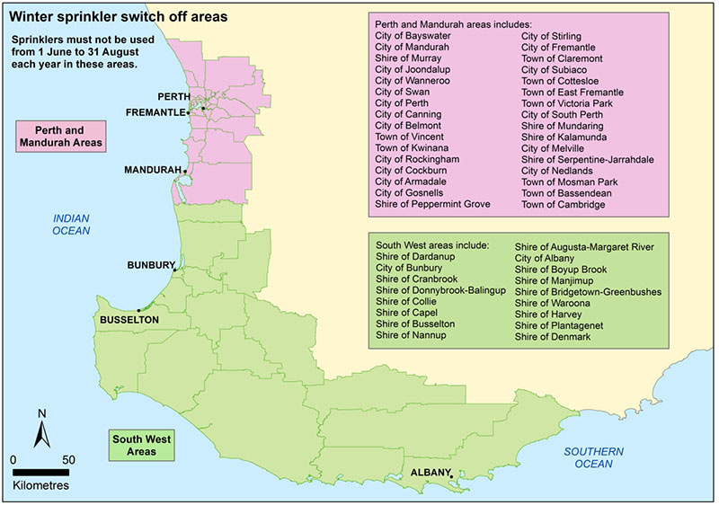 Western Australia Sprinkler Swtich off Times for Winter Map